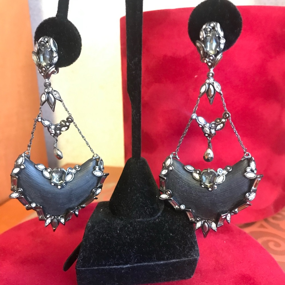 Alexis Bittar Black Lucite Chandelier Clip on Earrings w/crystals in Charcoal - Picture 1 of 7